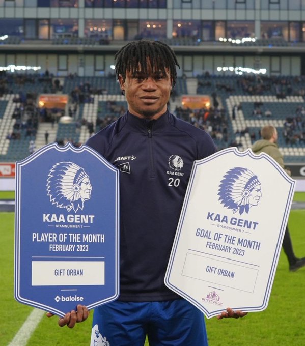 Gift Orban wins player of the month and goal of the month awards at KAA Gent