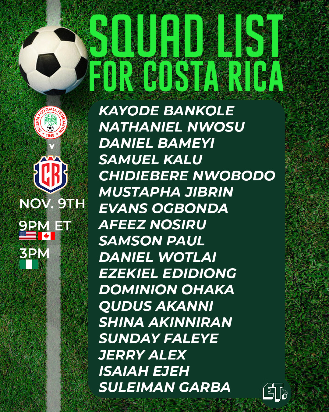 Official: 18 Super Eagles players for Costa Rica friendly