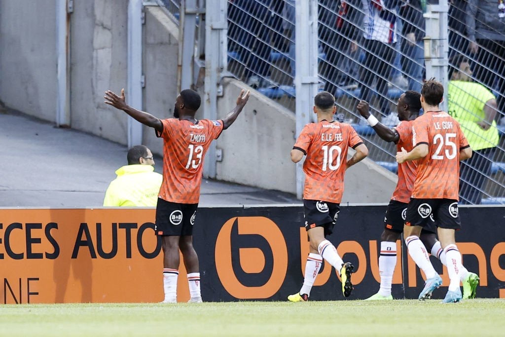 Terem Moffi celebrates scoring the 2-1 goal for FC Lorient in their French Ligue 1 match vs Lyon