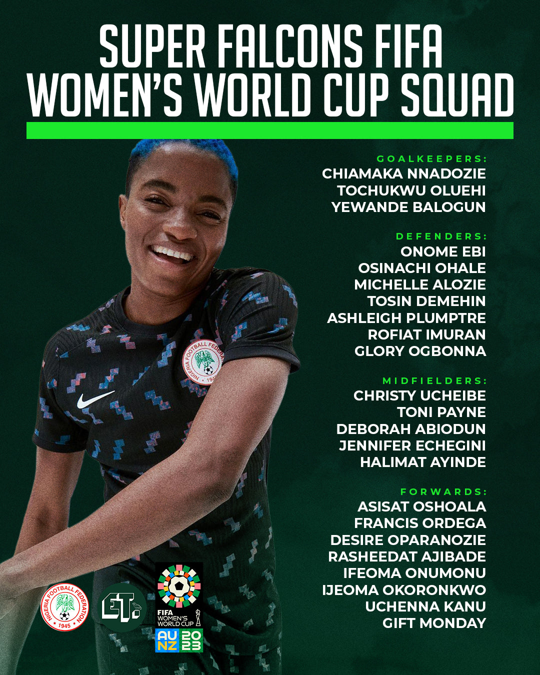 Oshoala, Ebi, Ajibade in Super Falcons' 23-player squad for FIFA Women's World Cup