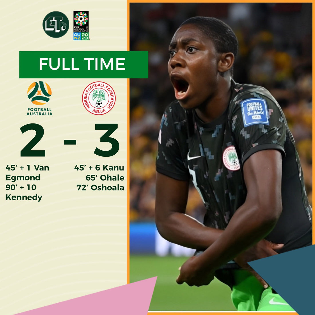 Australia 2-3 Nigeria: Oshoala, Kanu score as Super Falcons pull off shock win