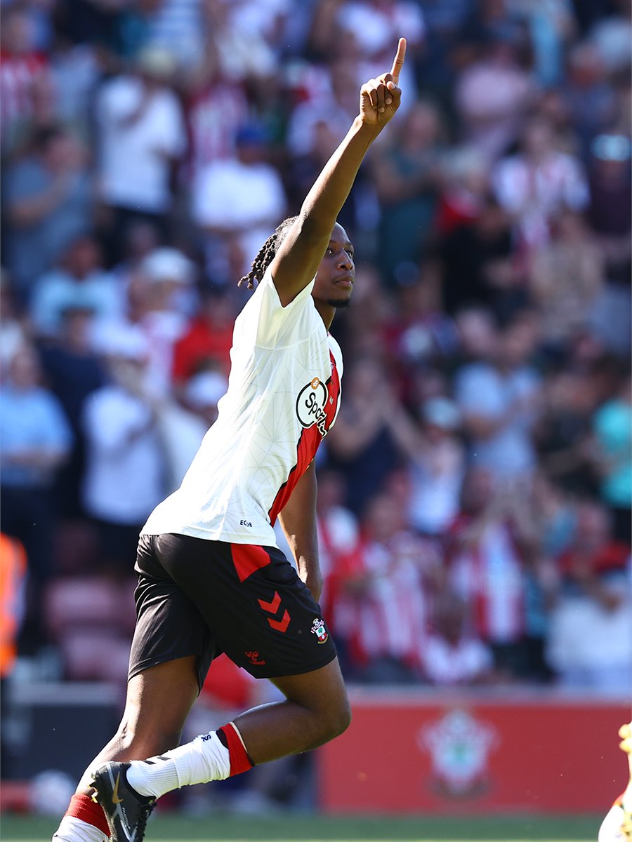 Joe Aribo celebrates his first English Premier League goal for Southampton, against Leeds United at the St Mary's Stadium