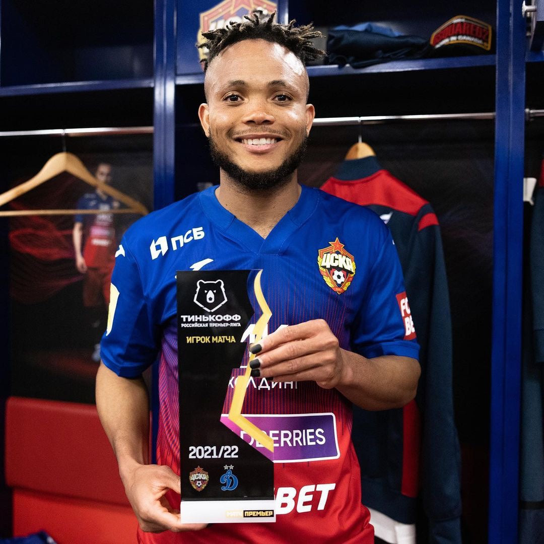 Chidera Ejuke poses with the Man of the Match award after his display for CSKA Moscow in their 1-0 Russian Premier League victory over Dynamo Moscow on April 24, 2022.